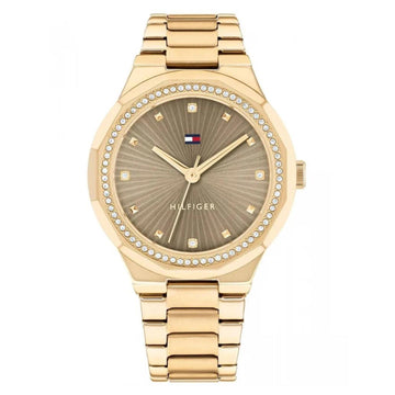 Ρολόι Tommy Hilfiger Piper Crystals 1782725 με χρυσό ατσάλινο μπρασελέ και καφέ καντράν 36mm με ζιργκόν.
